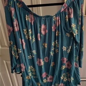 Lane Bryant Plus 2X 18/20W Off-the-shoulder Floral Teal comfy knit Women's Top